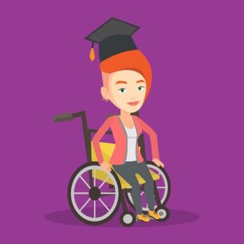 Cheerful graduate sitting in wheelchair. Young caucasian student sitting in wheelchair. Vector flat design illustration. Square layout.. Graduate sitting in wheelchair vector illustration