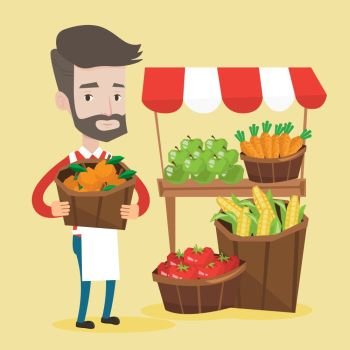 Street seller with stall with fruits and vegetables. Greengrocer standing near market stall. Hipster seller with the beard holding basket with fruits. Vector flat design illustration. Square layout.. Street seller with fruits and vegetables.