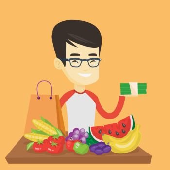 Asian male shopper standing at the table with grocery purchases. Young shopper holding money in hand in front of table with grocery purchases. Vector flat design illustration. Square layout.. Man standing at the table with shopping bag.
