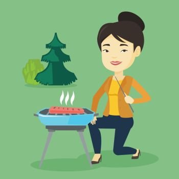 Asian woman cooking steak on barbecue grill outdoors. Young woman sitting next to barbecue grill in the park. Smiling woman having a barbecue party. Vector flat design illustration. Square layout.. Woman cooking steak on barbecue grill.