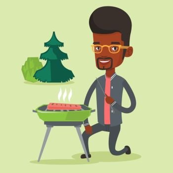 Man sitting next to barbecue grill in the park. An african-american man cooking steak on barbecue grill outdoors. Smiling man having a barbecue party. Vector flat design illustration. Square layout.. Man cooking steak on barbecue grill.