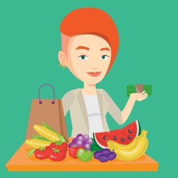 Caucasian female shopper standing at the table with grocery purchases. Young shopper holding money in hand in front of table with grocery purchases. Vector flat design illustration. Square layout.. Woman standing at the table with shopping bag.