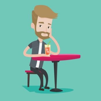 A hipster man with the beard sitting at the bar and holding cocktail glass with drinking straw. Sad man sitting alone at the bar and drinking cocktail. Vector flat design illustration. Square layout.. Man drinking cocktail at the bar.