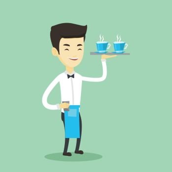 Adult smiling asian waiter holding a tray with cups of tea or coffee with steam. Friendly waiter standing with tray with cups of flavoured coffee. Vector flat design illustration. Square layout.. Waiter holding tray with cups of coffeee or tea.