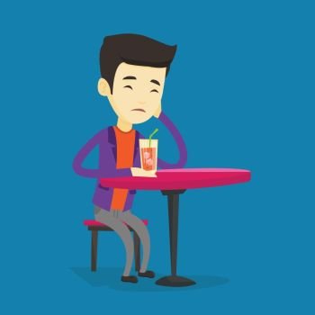 Upset asian man sitting in bar and drinking cocktail. Young sad man sitting alone in bar with cocktail on the table. Man drinking cocktail in bar. Vector flat design illustration. Square layout.. Man drinking cocktail at the bar.