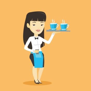Adult smiling asian waitress holding a tray with cups of tea or coffee with steam. Friendly waitress standing with tray with cups of flavoured coffee. Vector flat design illustration. Square layout.. Waitress holding tray with cups of coffeee or tea.
