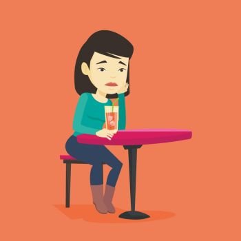 Upset asian woman sitting in bar and drinking cocktail. Young sad woman sitting alone in bar with cocktail on the table. Woman drinking cocktail in bar. Vector flat design illustration. Square layout.. Woman drinking cocktail at the bar.