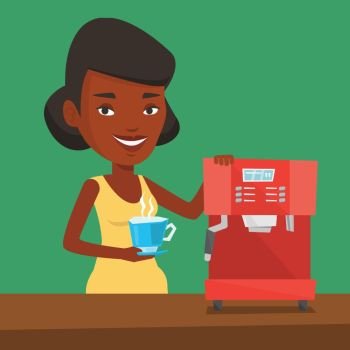 An african-american woman making coffee with a coffee-machine. Young woman holding cup of hot coffee in hand. Vector flat design illustration. Square layout.. Woman making coffee vector illustration.