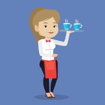 Young smiling caucasian waitress holding a tray with cups of tea or coffee. Friendly waitress standing with tray with cups of hot flavoured coffee. Vector flat design illustration. Square layout.. Waitress holding tray with cups of coffeee or tea.