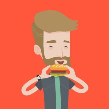 A hipster man with the beard eating hamburger. Happy man with eyes closed biting hamburger. Young smiling man is about to eat delicious hamburger. Vector flat design illustration. Square layout.. Man eating hamburger vector illustration.
