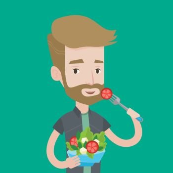 A hipster man with the beard eating healthy vegetable salad. Young man enjoying fresh vegetable salad. Man holding fork and bowl full of organic salad. Vector flat design illustration. Square layout.. Man eating healthy vegetable salad.