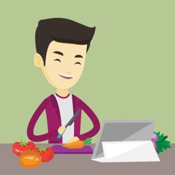 Asian man following recipe for vegetable salad on digital tablet. Young man cutting vegetables for salad. Man cooking healthy vegetable salad. Vector flat design illustration. Square layout.. Man cooking healthy vegetable salad.