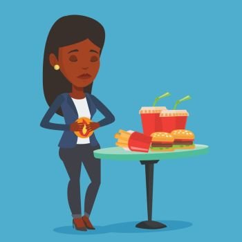 Young woman suffering from heartburn. An african-american sad woman having stomach ache from heartburn. Upset woman having stomach ache after fast food. Vector flat design illustration. Square layout.. Woman suffering from heartburn vector illustration