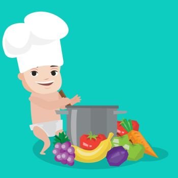 Baby boy in chef hat standing near big pan with vegetables. Baby boy playing with saucepan and vegetables. Caucasian baby cooking healthy vegetable meal. Vector flat design illustration. Square layout. Baby in chef hat cooking healthy meal.