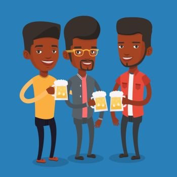Men toasting and clinking glasses of beer. An african-american men clanging glasses of beer. Group of friends enjoying a beer at pub. Vector flat design illustration. Square layout.. Group of friends enjoying beer at pub.