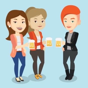 Women toasting and clinking glasses of beer. Caucasian women clanging glasses of beer. Group of friends enjoying a beer at pub. Vector flat design illustration. Square layout.. Group of friends enjoying beer at pub.
