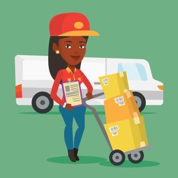 An african-american delivery courier with cardboard boxes on troley. Young delivery courier holding clipboard. Courier standing in front of delivery van. Vector flat design illustration. Square layout. Delivery courier with cardboard boxes.