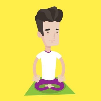 Young man meditating in yoga lotus pose. Man relaxing in the yoga lotus position. Man doing yoga. Vector flat design illustration. Square layout.. Man meditating in lotus pose vector illustration.