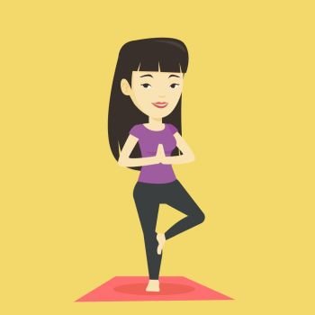 Asian sportswoman meditating in yoga tree position. Smiling sportswoman standing in yoga tree position. Young sporty woman doing yoga on the mat. Vector flat design illustration. Square layout.. Young woman practicing yoga tree pose.