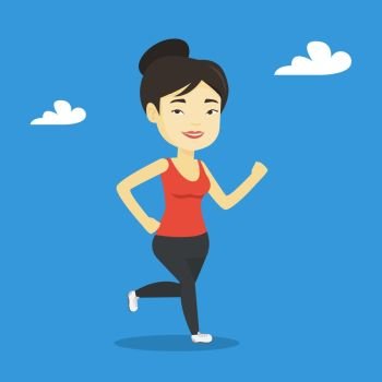 Young cheerful asian woman running. Happy female runner jogging. Full length of a smiling female athlete running. Sportswoman in sportswear running. Vector flat design illustration. Square layout.. Young woman running vector illustration.