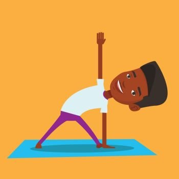 An african-american young sportsman standing in yoga triangle pose. Sportsman meditating in yoga triangle position. Sporty man doing yoga on the mat. Vector flat design illustration. Square layout.. Man practicing yoga triangle pose.