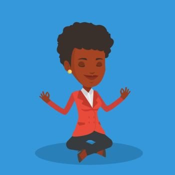 An african businesswoman with eyes closed meditating in yoga lotus position. Businesswoman relaxing in the yoga lotus position. Businesswoman doing yoga. Vector flat design illustration. Square layout. Business woman meditating in lotus position.