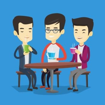 Group of young asian friends drinking hot and alcoholic drinks. Three smiling friends hanging out together in a cafe. Friends relaxing in a cafe. Vector flat design illustration. Square layout.. Group of men drinking hot and alcoholic drinks.