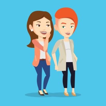 Young caucasian woman shielding her mouth and whispering a gossip to her friend. Two happy women sharing gossips. Smiling friends discussing gossips. Vector flat design illustration. Square layout.. One woman whispering to another secret.