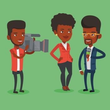 African-american professional reporter with microphone interviews a woman. Operator filming interview. Journalist making interview with business woman. Vector flat design illustration. Square layout.. TV interview vector illustration.