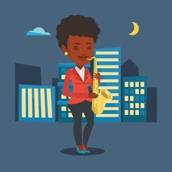 An african-american woman with eyes closed playing on saxophone in the night. Musician playing on saxophone. Musician with saxophone in the city street. Vector flat design illustration. Square layout.. Musician playing on saxophone vector illustration.