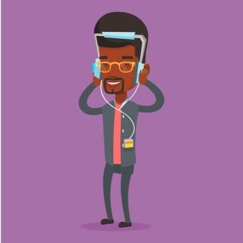 An african-american man listening to music on her smartphone. Man in headphones listening to music. Relaxed man with eyes closed enjoying music. Vector flat design illustration. Square layout.. Young man in headphones listening to music.