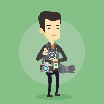 Young asian photographer with many photo cameras equipment. Cheerful paparazzi with many cameras. Professional journalist with many cameras. Vector flat design illustration. Square layout.. Photographer taking photo vector illustration.