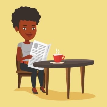 An african-american woman reading newspaper in a cafe. Woman reading the news in newspaper. Woman sitting with newspaper in hands and drinking coffee. Vector flat design illustration. Square layout.. Woman reading newspaper and drinking coffee.