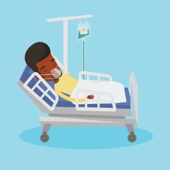 African-american man lying in hospital bed with oxygen mask. Man during medical procedure with drop counter. Patient recovering in bed in hospital. Vector flat design illustration. Square layout.. Patient lying in hospital bed with oxygen mask.