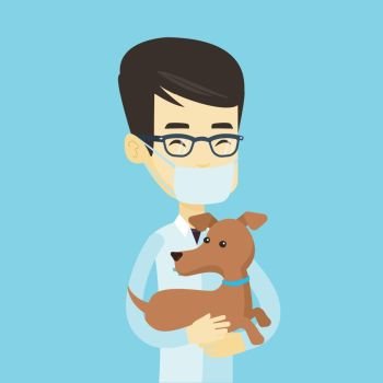 Young asian veterinarian doctor holding dog. Veterinarian doctor in medical mask carrying a dog. Veterinarian doctor examining dog. Pet care concept. Vector flat design illustration. Square layout.. Veterinarian with dog in hands vector illustration