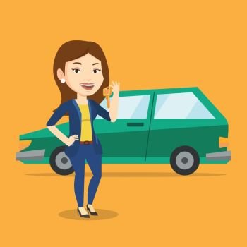 Young caucasian woman holding keys to her new car. Happy woman showing key to her new car. Smiling woman standing on the backgrond of her new car. Vector flat design illustration. Square layout.. Woman holding keys to her new car.