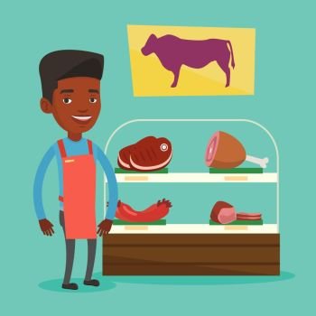 African-american female butcher offering meat in butchery. Butcher at work at the counter in butchery. Butcher standing on the background of storefront. Vector flat design illustration. Square layout.. Butcher offering fresh meat in butchershop.