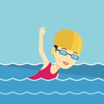 Young asian sportswoman wearing cap and glasses swimming in pool. Professional female swimmer in swimming pool. Sportswoman swimming forward crawl style. Vector flat design illustration. Square layout. Woman swimming vector illustration.