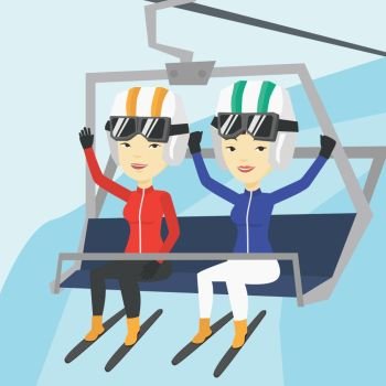 Two asian women sitting on ski elevator in winter mountains. Skiers using cableway at ski resort. Skiers on cableway in mountains at winter sport resort. Vector flat design illustration. Square layout. Two happy skiers using cableway at ski resort.
