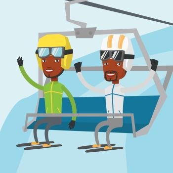 Two happy men sitting on ski elevator in winter mountains. Skiers using cableway at ski resort. Skiers on cableway in mountains at winter sport resort. Vector flat design illustration. Square layout.. Two happy skiers using cableway at ski resort.