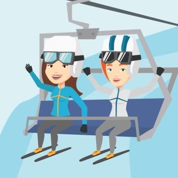 Two happy women sitting on ski elevator in winter mountains. Skiers using cableway at ski resort. Skiers on cableway in mountains at winter sport resort. Vector flat design illustration. Square layout. Two happy skiers using cableway at ski resort.