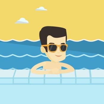 Asian smiling man relaxing in swimming pool at resort. Young man bathing in swimming pool. Cheerful guy swimming and relaxing in pool on summer vacation. Vector flat design illustration. Square layout. Smiling young man in swimming pool.