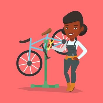 African woman working in bike workshop. Technician fixing bicycle in repair shop. Bicycle mechanic repairing bicycle. Woman installing spare part bike. Vector flat design illustration. Square layout. African bicycle mechanic working in repair shop.