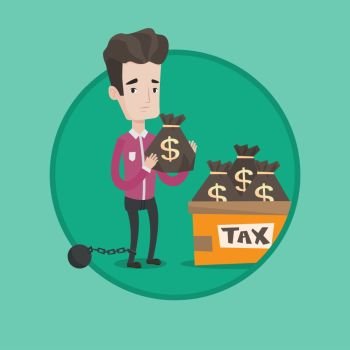 Chained to a ball taxpayer standing near bags with taxes. Businessman holding bag with taxes. Concept of tax time and taxpayer. Vector flat design illustration in the circle isolated on background.. Chained man with bags full of taxes.