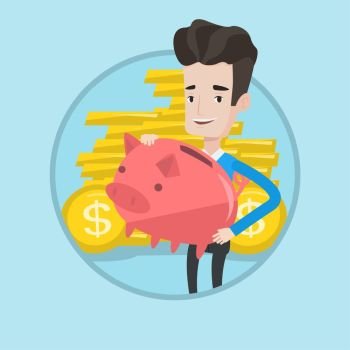 Caucasian cheerful businessman with a piggy bank. Businessman holding a big piggy bank on the background of stack of golden coins. Vector flat design illustration in the circle isolated on background.. Businessman carrying big piggy bank.