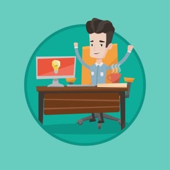 Businessman having business idea. Businessman working on a computer with a business idea bulb on a screen. Business idea concept. Vector flat design illustration in the circle isolated on background.. Creative excited businessman having business idea.