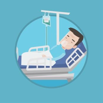 Caucasian patient during medical procedure in hospital. Patient lying in hospital bed with oxygen mask. Vector flat design illustration in the circle isolated on background.. Patient lying in hospital bed with oxygen mask.
