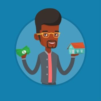 African man holding money and model of house. Man having loan for house. Man got loan for buying a house. Real estate loan concept. Vector flat design illustration in the circle isolated on background. Man buying house thanks to loan.
