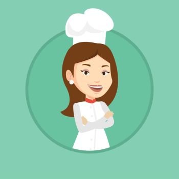 Caucasian cheerful chef in uniform and hat standing with arms crossed. Young caucasian chef. Full length of confident female chef. Vector flat design illustration in the circle isolated on background.. Confident female chef with arms crossed.