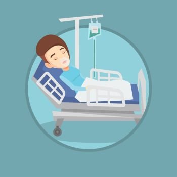 Woman lying in hospital bed with oxygen mask. Woman during medical procedure with drop counter. Patient recovering in hospital. Vector flat design illustration in the circle isolated on background.. Patient lying in hospital bed with oxygen mask.